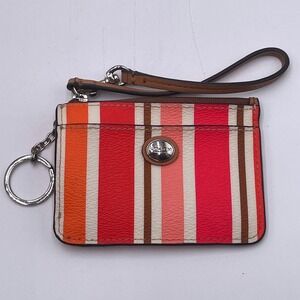 Coach Multi Color Striped ID Skinny Mini Wallet Wristlet Pink Orange Brown